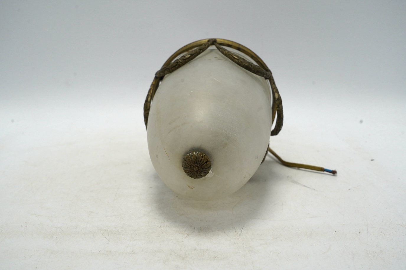 A late 19th/early 20th century ormolu mounts frosted glass hall lamp, 33cm. Condition - fair, not tested